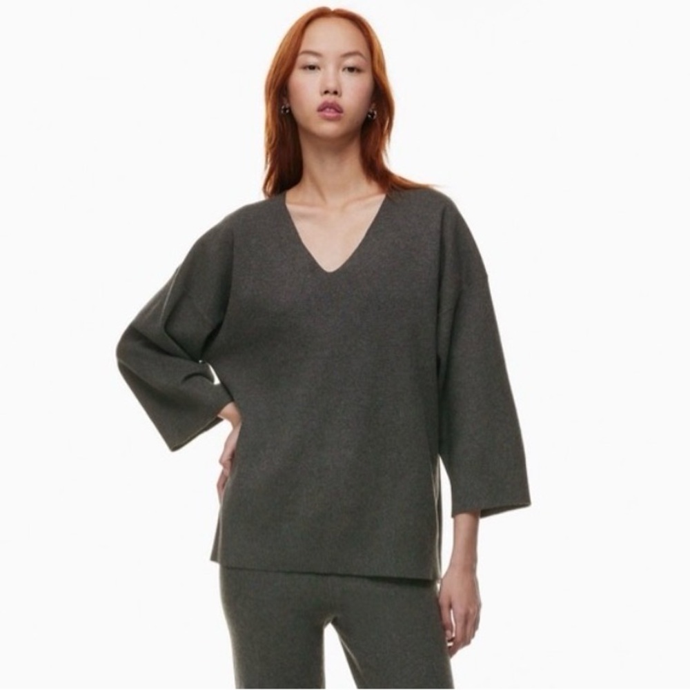 Aritzia V-Neck Sweater Top in Dark Olive Gray